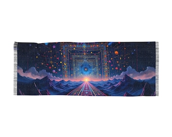 Peut inclure: Une tapisserie psychédélique avec un motif géométrique au centre. Le motif est entouré d'un ciel étoilé et de montagnes. La tapisserie est d'un bleu, violet et rose vifs.