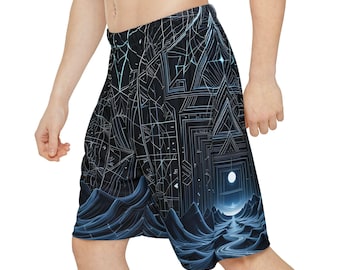 Può includere: Pantaloni corti sportivi a motivo nero e blu con un design geometrico e una scena di luna e montagne.