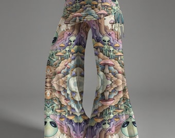 Alien Mushroom Print Wide Leg Festival Pants, Wide Cinch Sides Waist Comfy Boho Rave Outfit