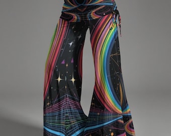 Wide Leg Pants with Gothic Rainbow Psychedelic Sacred Geometry Fold-Over Waist for Summer Festival R