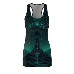 May include: A black tank top dress with a green and blue psychedelic mushroom graphic. The mushroom is surrounded by geometric patterns and stars.