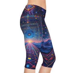 Geometric Print Capri Leggings, Festival Clothing, Bright Colorful Women&#39;s Leggings, Summer Yoga Pants, Workout Tights, Rave Outfit