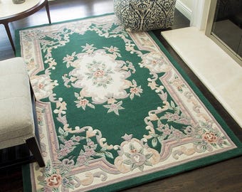 Vintage Floral Wool Rug: Hand-Tufted Green Area Carpet living room bedroom decor