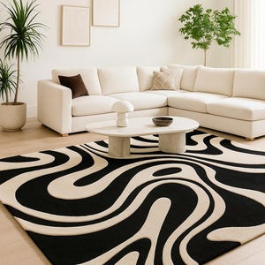 Hand Tufted Wool Rug: Modern Abstract Black and Ivory Area Rug