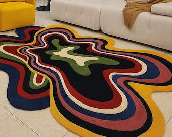 抽象的なタフテッドウールラグ：波打つようなモダンアート、ファンキー