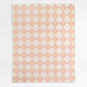 Handgetuft wollen dambordkleed: roze ivoor modern tapijt woonkamer eetkamerinrichting