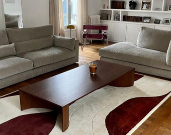 Tappeto astratto moderno, tappeto in lana color crema bordeaux, arredamento contemporaneo per il soggiorno