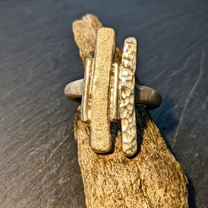 Może przedstawiać: Srebrny pierścionek z fakturowanym, młotkowanym obrączką i dwoma pionowymi, geometrycznymi kształtami. Pierścionek jest prezentowany na kawałku drewna unoszącego się na wodzie.