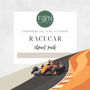 Könnte beinhalten: Ein digitales Clipart-Paket mit 18 Illustrationen von Rennwagen. Das Bild zeigt einen leuchtend orangefarbenen Rennwagen, der auf einer Rennstrecke um eine Kurve rast. Der Text auf dem Bild lautet "F&N Creative Co. Commercial Use Clipart Racecar clipart pack 18 PNGs".