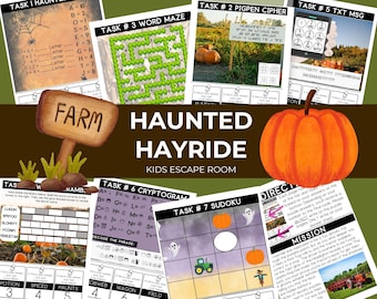 Può includere: Un gioco di escape room per bambini a tema Halloween, con vari compiti, tra cui un labirinto di parole, un crittogramma e un Sudoku. Il design presenta zucche, fantasmi e il testo "Haunted Hayride Kids Escape Room."