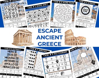 Ancient Greece Escape Room for Kids | Printable History Escape Game with 9 Puzzles | Ages 7–12 Classroom Homeschool Party PDF
