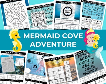 May include: A Mermaid Cove Adventure activity sheet set featuring nine tasks including a maze, Polybius square, Atbash wheel, cryptogram, Line-W-L, Sudoku, and number blocks. The pages include illustrations of a yellow seahorse and a mermaid.