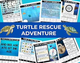 Utskrivbart Escape Room med havssköldpaddor | 9 pussel och havsäventyr | Barn 7-12 år | Hemundervisningsspel för klassrummet, festspel i PDF-format