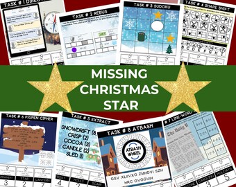 May include: A selection of Christmas puzzle sheets, titled "MISSING CHRISTMAS STAR". The sheets present different challenges, including rebuses, Sudoku, and ciphers. A gold star graphic is a key design element.