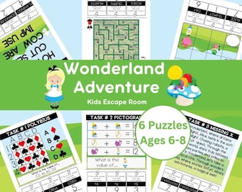 May include: A colorful printable escape room game for kids ages 6-8. The game is themed around Alice in Wonderland and features six puzzles. The puzzles include a polybius square, a pictogram, and a missing letter puzzle. The game is designed to be fun and educational, and it is a great way for kids to learn about problem-solving and critical thinking.