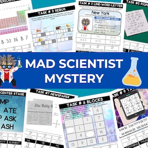 May include: A Mad Scientist Mystery activity set featuring multiple puzzle sheets with tasks labeled 1 through 9. The pages include a periodic table, a New York driver license, a newspaper clipping, a number block grid, and a phone keypad cipher.