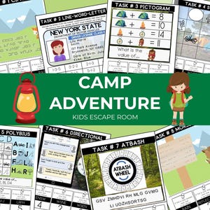Może przedstawiać: Kolorowy zestaw gier Escape Room dla dzieci Camp Adventure. Obraz zawiera różne zadania logiczne, w tym piktogram, sudoku i wyzwanie słowno-literowe. Widoczna jest również czerwona latarnia i dziewczyna z plecakiem.