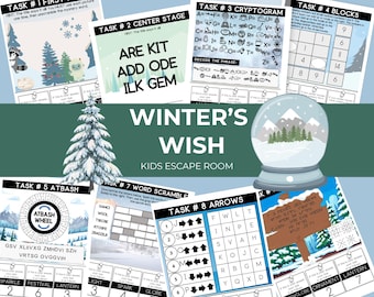 May include: A set of winter-themed escape room puzzles for children. The image shows various tasks, such as cryptograms and word scrambles, alongside a snow globe and a Christmas tree. The title "Winter's Wish" is clearly visible.