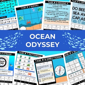 May include: A collection of Ocean Odyssey activity sheets featuring various puzzles including a cryptogram, sudoku, word games, and math challenges. The pages are decorated with blue backgrounds, sea creatures, and text such as Task 1 Cryptogram.
