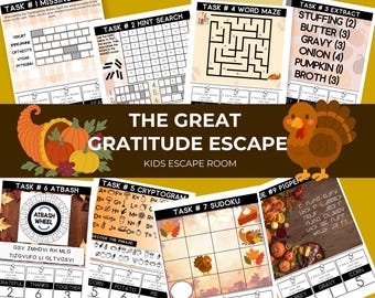 May include: A Thanksgiving-themed escape room game for kids. The game includes various puzzles such as word mazes, cryptograms, and Sudoku. The design features a cornucopia, pumpkins, and a cartoon turkey, with the title "The Great Gratitude Escape".
