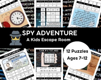 May include: A black and white illustration of a spy wearing sunglasses and a hat. The text "SPY ADVENTURE" and "A Kids Escape Room" is written in white letters on a black background. The image also includes a variety of puzzles for kids, including a clock, a license plate, a text message, and a calculator.