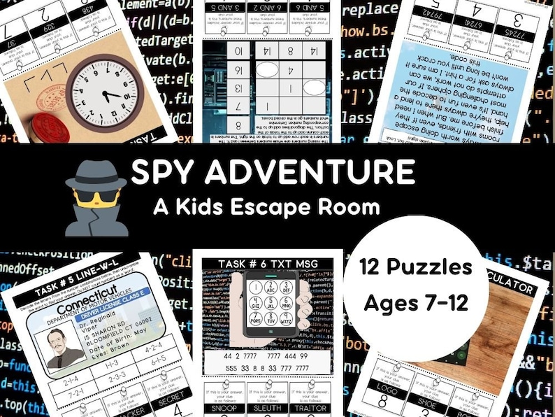 May include: A black and white illustration of a spy wearing sunglasses and a hat. The text "SPY ADVENTURE" and "A Kids Escape Room" is written in white letters on a black background. The image also includes a variety of puzzles for children, including a clock, a number plate, a text message, and a calculator.