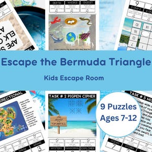 May include: A collection of nine puzzles for kids aged 7-12, themed around the Bermuda Triangle. The image features various puzzle sheets with text and illustrations, including directional tasks and ciphers. The title "Escape the Bermuda Triangle" is prominently displayed.