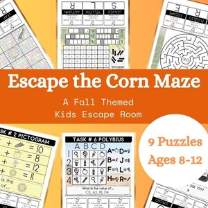 Fall Escape Room - Escape the Corn Maze - Kids Activity - Kids Puzzles - Printable Party Game - Escape Room Kit