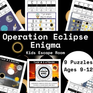 Op de afbeelding: Een kleurrijk beeld dat een escape room-spel voor kinderen promoot genaamd "Operation Eclipse Enigma". De afbeelding toont een verscheidenheid aan puzzels, waaronder een Sudoku, een Atbash-cijfer en een woordzoeker. De tekst "9 Puzzles Ages 9-12" is duidelijk zichtbaar.