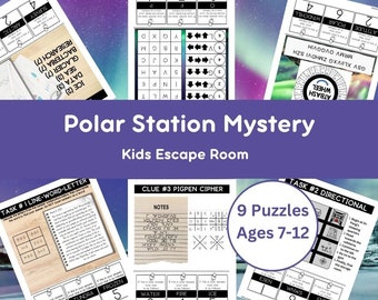 May include: A colorful image promoting a "Polar Station Mystery" kids escape room game. The image features a variety of puzzles, including a word search, a cipher, and a directional puzzle. The text "9 Puzzles Ages 7-12" is prominently displayed in a circle.