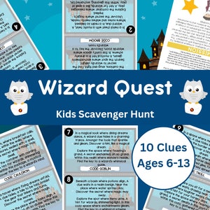 May include: A colorful printable scavenger hunt for kids with a wizard theme. The printable includes 10 clues with instructions to find the key to a wizard's room. The clues are numbered 5 through 9. The text "Wizard Quest" and "Kids Scavenger Hunt" are at the top of the page. The text "10 Clues Ages 6-13" is in a circle in the middle of the page.