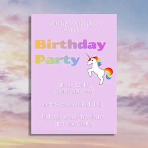 Unicorn Themed Girls Birthday Party Invite