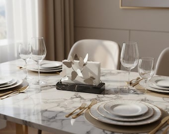 Brass Butterfly Napkin Holder on Stone Base - Table Decor