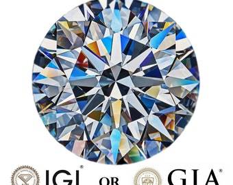 May include: A round, clear diamond with a brilliant cut, reflecting light in a rainbow of colors. The diamond is certified by the International Gemological Institute (IGI) or the Gemological Institute of America (GIA).