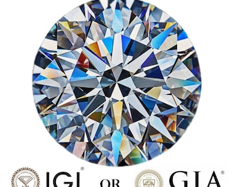 Könnte beinhalten: Nahaufnahme eines rund geschliffenen Diamanten mit vielen Facetten, die Licht reflektieren. Der Text "IGI Certified Diamonds" und "GIA Certified Diamonds" weist auf eine Zertifizierung hin.