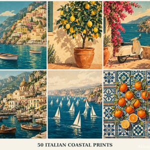 Puede incluir: Una colección de seis láminas artísticas con escenas de la costa italiana, que incluyen un pueblo costero, un limonero en maceta, una motoneta junto al mar, un puerto con barcos, veleros en el agua y naranjas sobre azulejos azules.