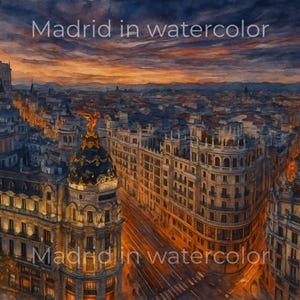 Pack Aquarelle Madrid : 9 Images Numériques 300 DPI | Porte d'Alcalá, Palais Royal, Gran Via, Strawberry Bear | Art décoratif instantané