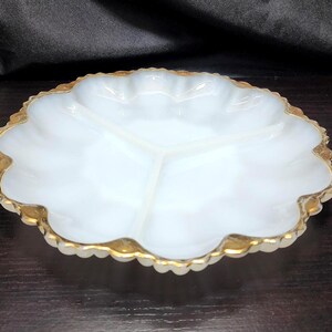 Vintage Anchor Hocking Milk Glass Divided Relish Dish - 3 Compartments Gold Rim Scalloped Edge Fire King