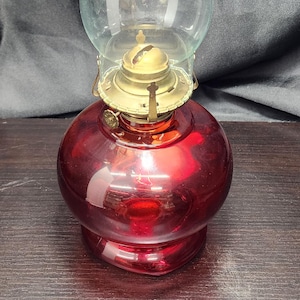 Vintage 1960s - P&A Risdon Ruby Red Glass Hurricane Kerosene Oil Lamp