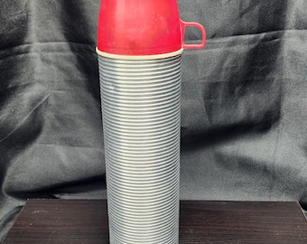 Vintage American Thermos Quart Vacuum Bottle Model 2484H - Ribbed Aluminum with Red Plastic Cup and Glass Interior - Made in USA - 1950s