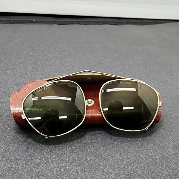 Vintage 1950s Clip-On Aviator Sunglasses with Case - Green Glass, Flexible Frame