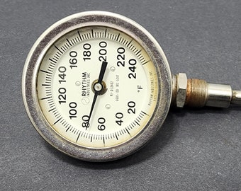 Vintage 1980's Rhythm Industries Self-Indicating Thermometer - Metal Probe Threaded Design - Temperature Range 20F to 240F - Used Untested
