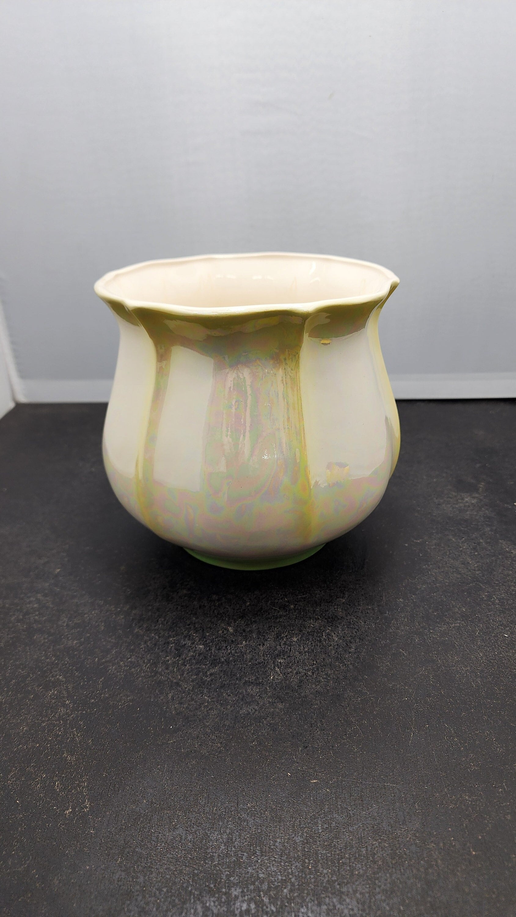 Handmade Ceramic Planter 1987 - Pearlescent Finish with Green & Yellow Accents