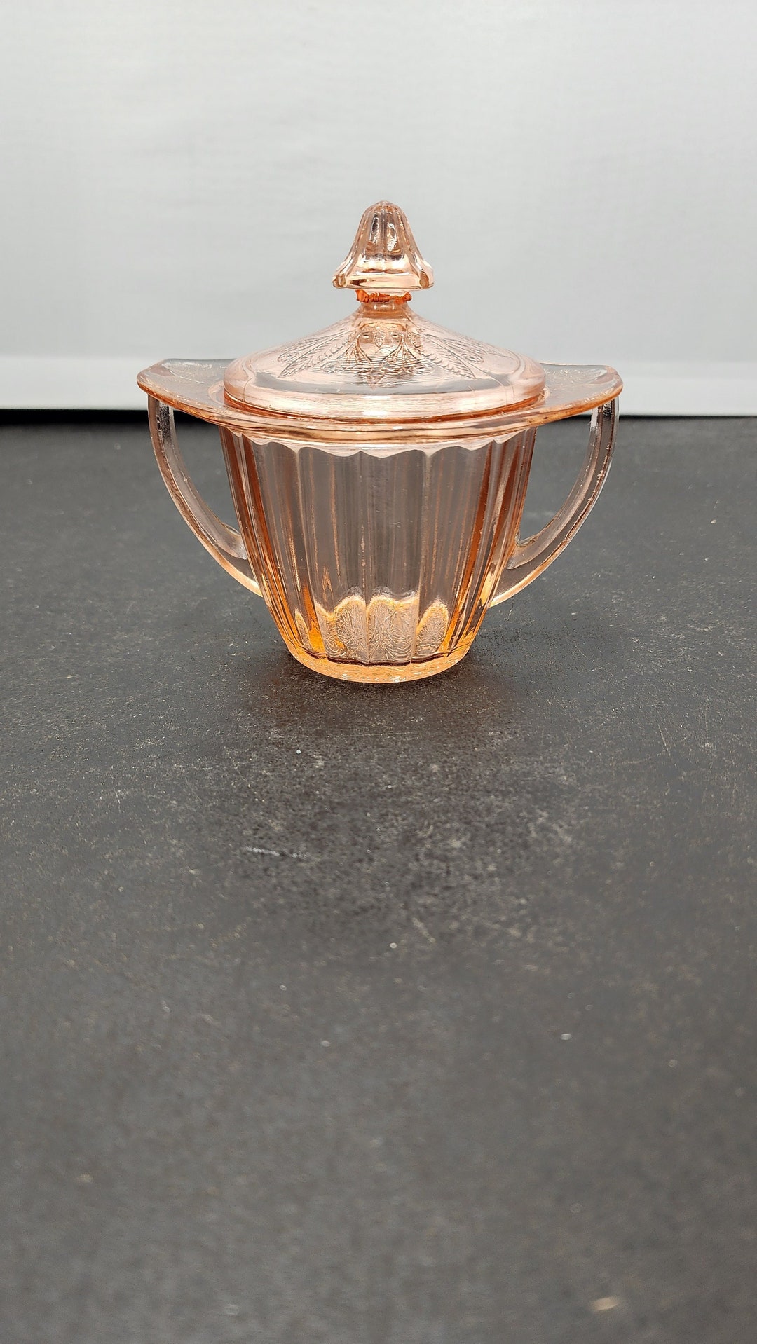Vintage Peach Colored Glass Covered Sugar Bowl With Embossed Flowers ...