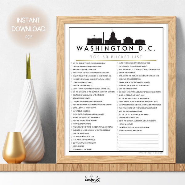 Washington D.C. Bucket List | Printable Top 50 Things to Do in DC List | Must See Destination in Washington DC | Instant Download Checklist