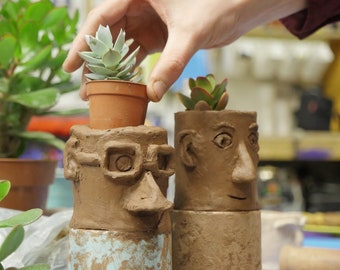 Rendez-vous amoureux de la poterie - Fabriquez une paire de têtes de pot à la maison - Kit de poterie avec des plantes - Atelier vidéo étape par étape - Cactus / Plantes grasses incluses