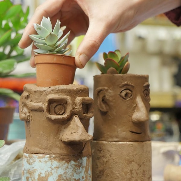 Pottery Date Night - Make A Pair Of Pot Heads At Home - Pottery Kit With Plants - Step-by-Step Video Workshop - Cactus /Succulent Included