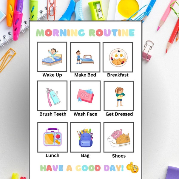 Morning Routine Chart Printable, Visual routine daily responsibility aid for children with ADHD, ASD & non verbal learning difficulties