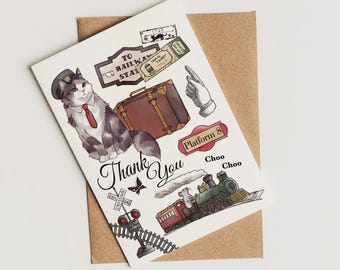 Cat Train Conductor Thank You Card, Personalizable Birthday Party Card