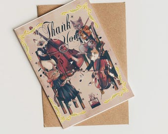 Orchestra Cat thank you cards, string quartet, cello violin viola double bass card, pesonalizable